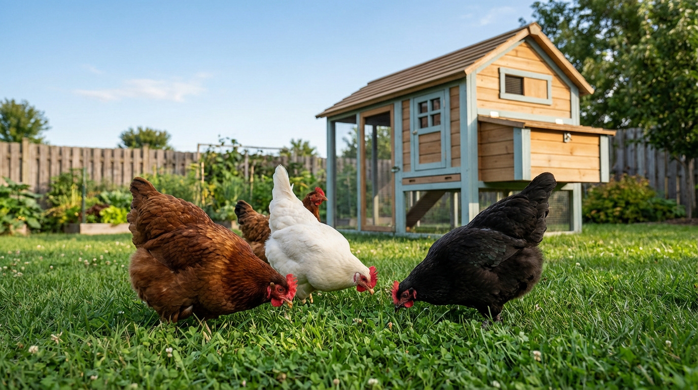 Trois poules (rousse, blanche, noire) picorent dans l'herbe verte d'un jardin avec un poulailler moderne en bois.