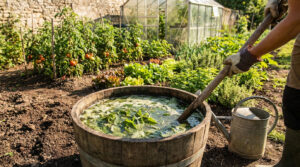 Une personne mélange du purin d'ortie dans un tonneau en bois, dans un potager ensoleillé avec serre et plants de tomates.