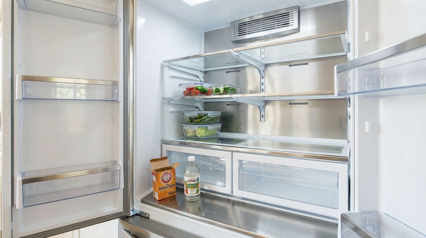 Intérieur d'un réfrigérateur moderne et très propre, avec quelques contenants de légumes. Du bicarbonate et du vinaigre sont visibles.