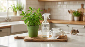 Une souris sur un comptoir de cuisine, près d'une plante de menthe, d'un spray de vinaigre blanc et de bicarbonate de soude.