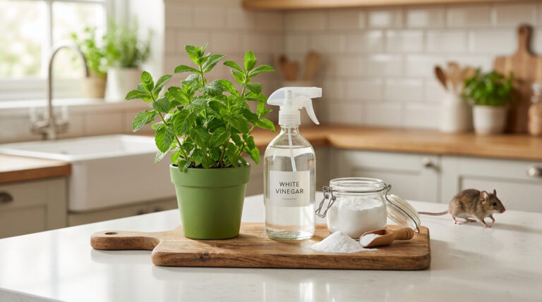 Une souris sur un comptoir de cuisine, près d'une plante de menthe, d'un spray de vinaigre blanc et de bicarbonate de soude.