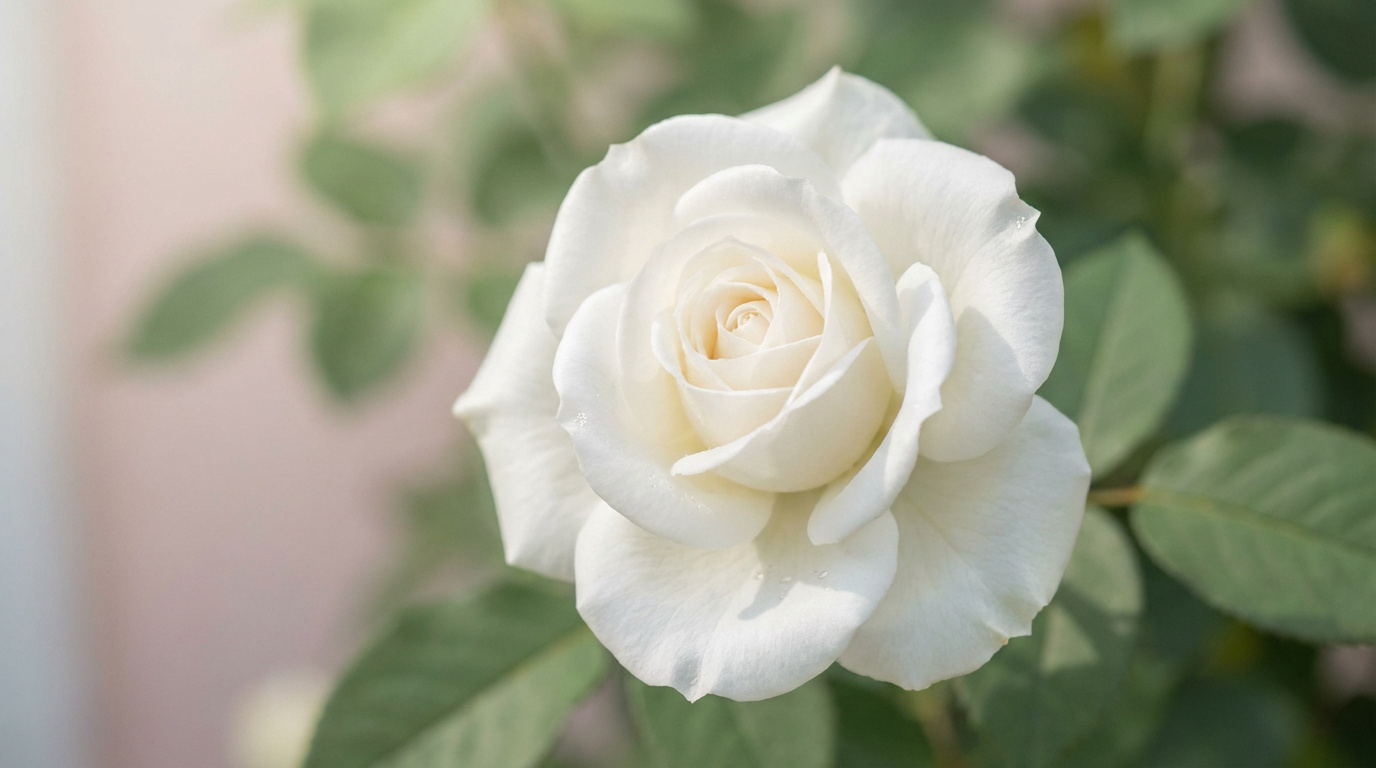Gros plan sur une rose blanche immaculée avec des pétales délicats et des gouttes de rosée, entourée de feuilles vertes floues.