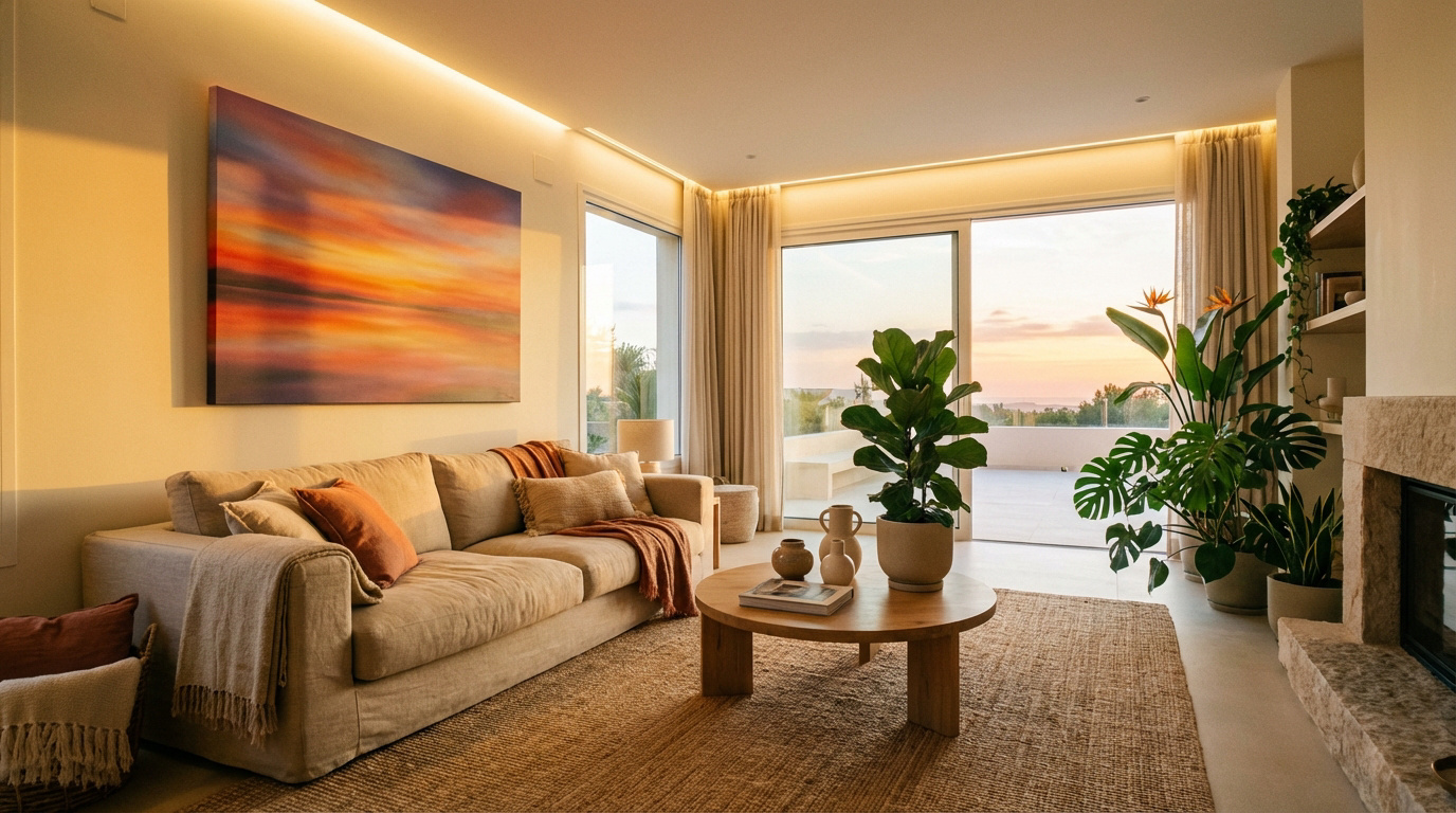 Salon moderne et chaleureux, canapé beige, tableau abstrait aux tons de coucher de soleil, plantes et vue extérieure.