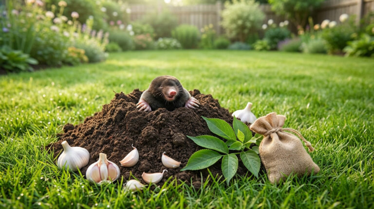 Gros plan sur une taupe sortant d'un monticule de terre, entourée d'ail et d'un sac en toile, sur une pelouse ensoleillée.