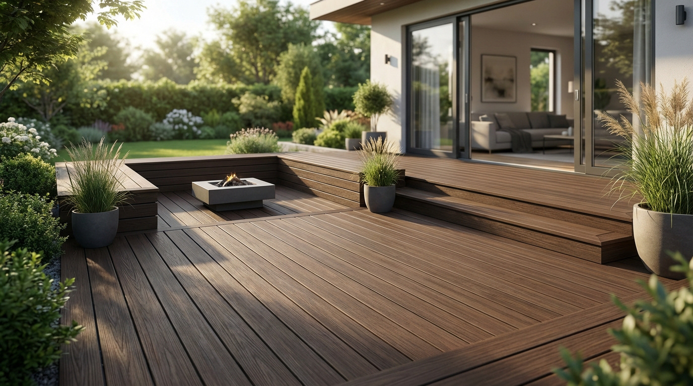 Grande terrasse composite multi-niveaux marron avec banc, foyer et plantes en pot, reliée à une maison moderne et un jardin luxuriant.