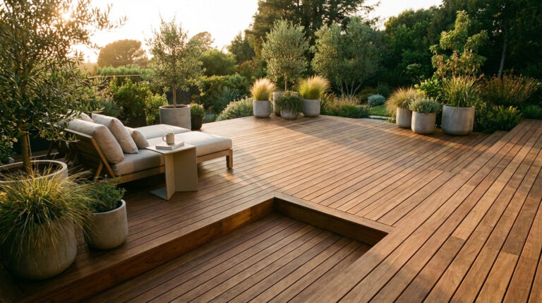 Grande terrasse bois moderne avec salon beige, entourée de plantes en pot et d'un jardin verdoyant sous un soleil doux.