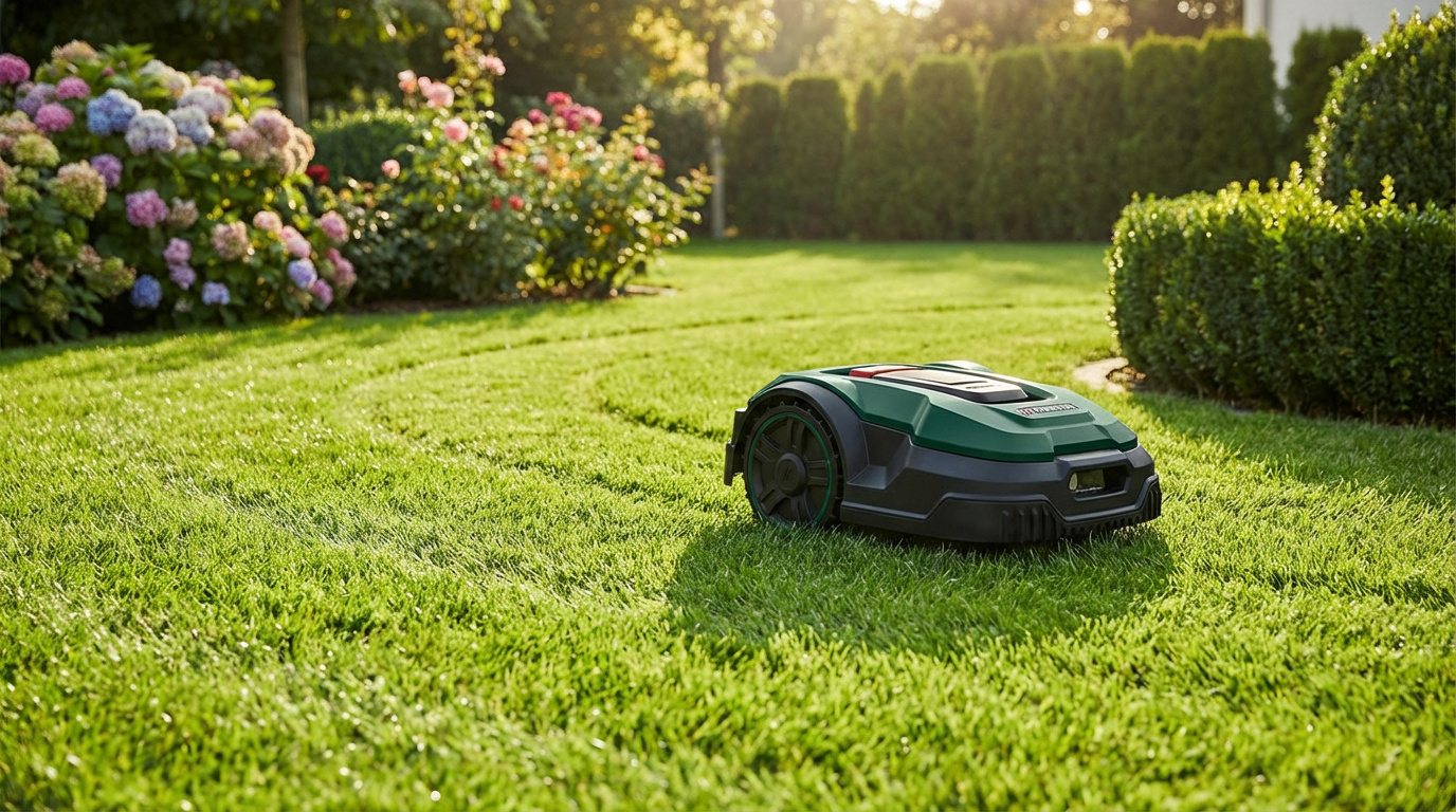 Robot tondeuse Parkside vert sur une pelouse fraîchement tondue. Jardin fleuri avec hortensias et haies taillées sous le soleil.