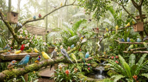 Volière extérieure luxuriante avec une multitude d'oiseaux colorés. Des perchoirs, nichoirs et un petit cours d'eau sont visibles.