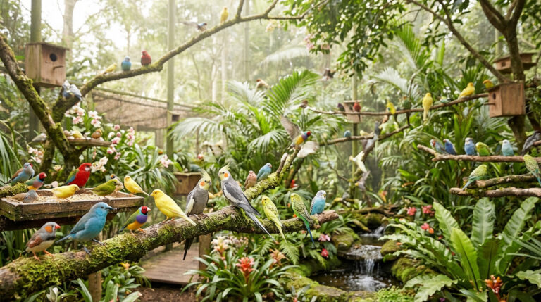 Volière extérieure luxuriante avec une multitude d'oiseaux colorés. Des perchoirs, nichoirs et un petit cours d'eau sont visibles.