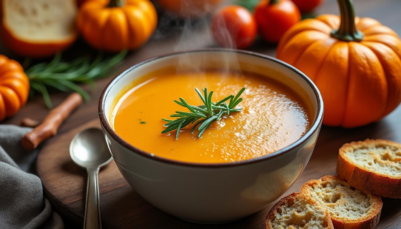 découvrez notre recette facile de soupe veloutée de citrouille au lait de soja, rehaussée d'une infusion délicate de romarin. un plat savoureux et sain à préparer en un rien de temps !