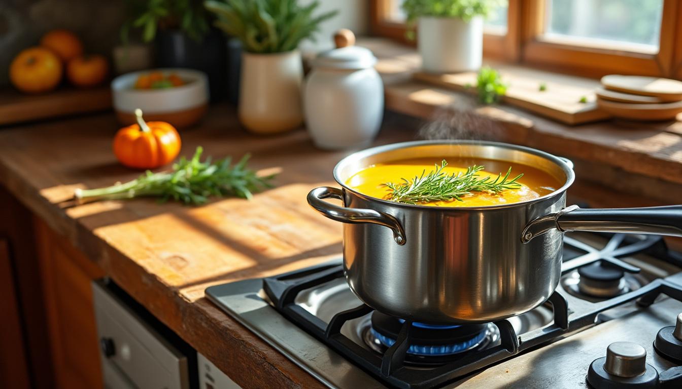découvrez notre recette facile de soupe veloutée de citrouille au lait de soja et infusion de romarin, une délicieuse harmonie de saveurs à maîtriser en un rien de temps.