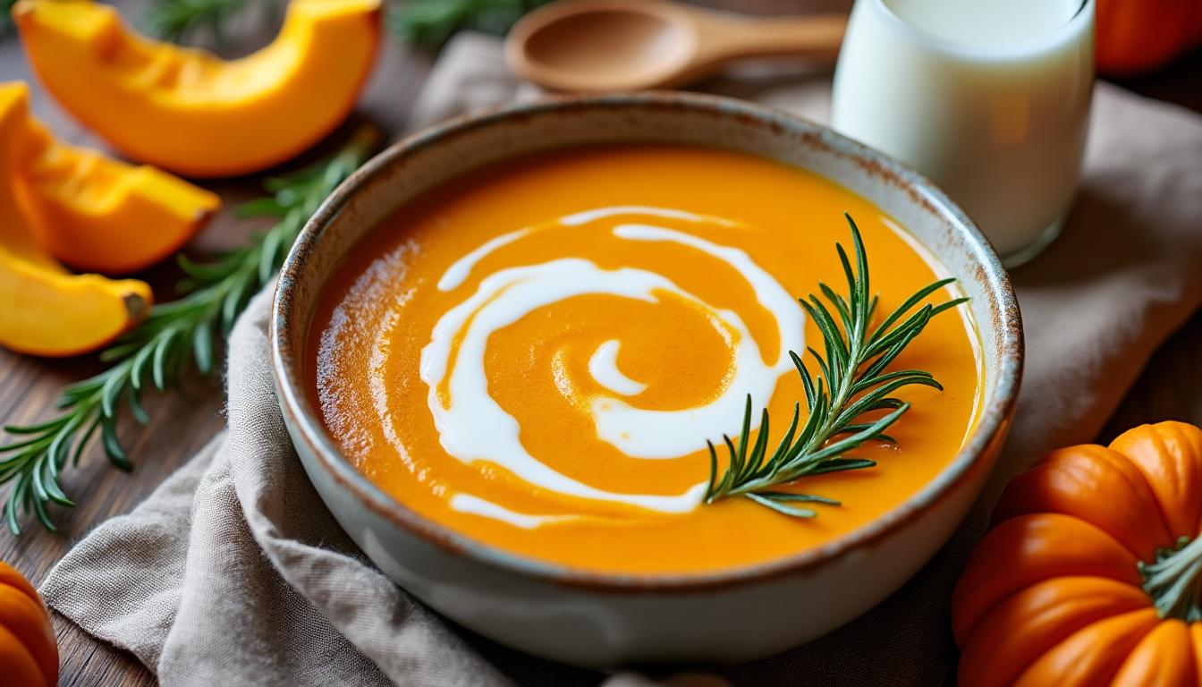 découvrez notre recette facile de soupe veloutée de citrouille au lait de soja et infusion de romarin, un plat délicieux et réconfortant à maîtriser en quelques étapes simples.