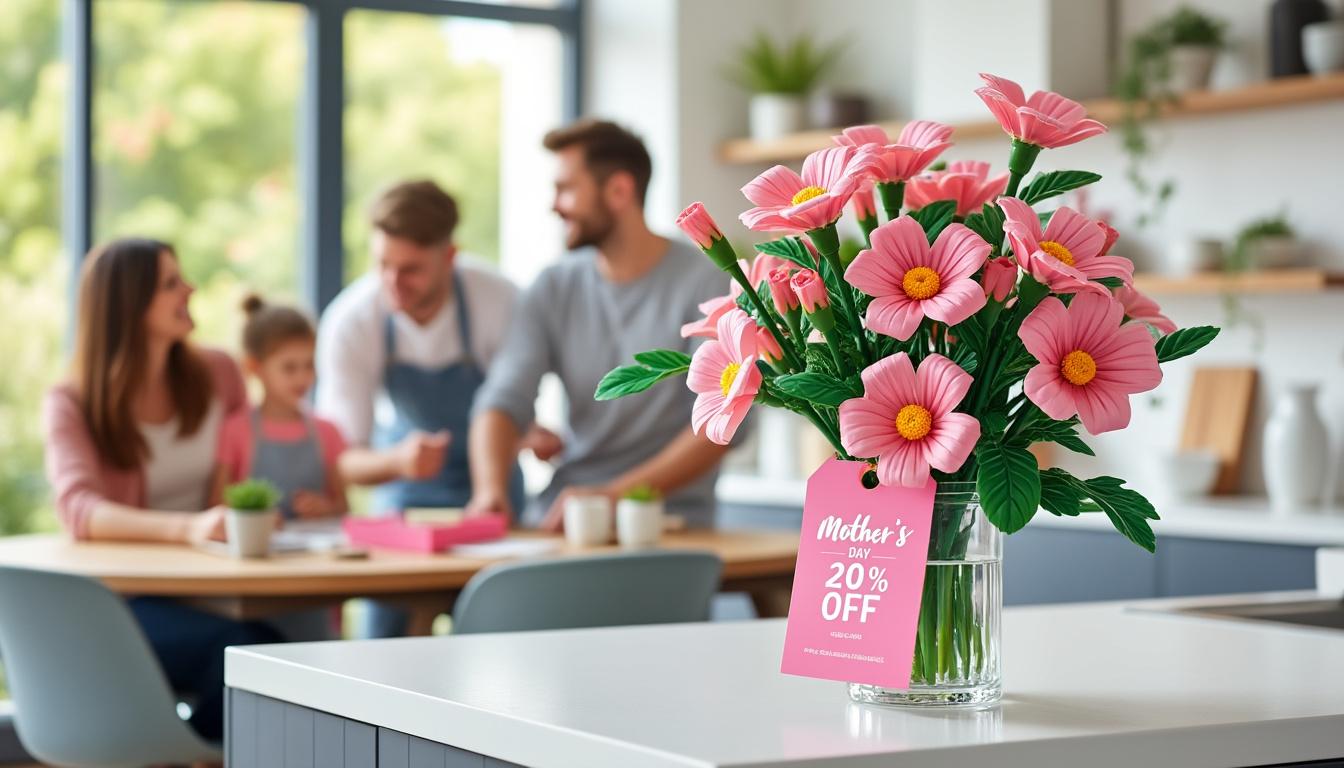 surprenez maman pour la fête des mères avec un bouquet de fleurs roses en lego, profitez d'une remise exceptionnelle de 28% pour un cadeau unique et original.