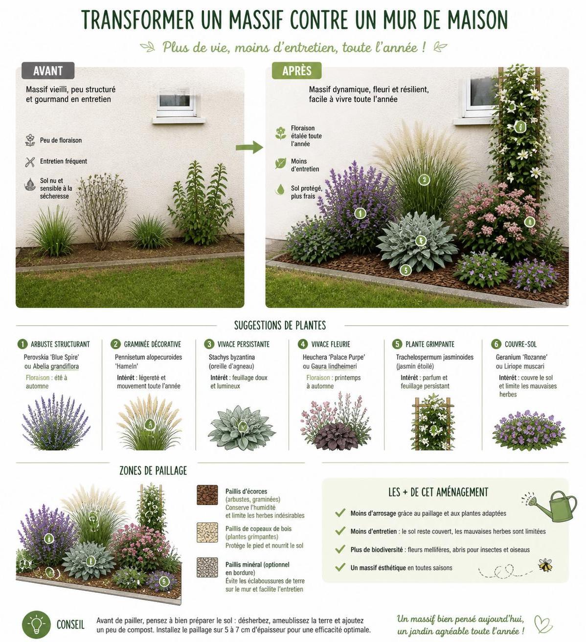 découvrez comment aménager un massif contre le mur de votre maison en choisissant les plantes adaptées et en évitant les erreurs courantes pour un jardin harmonieux et durable.