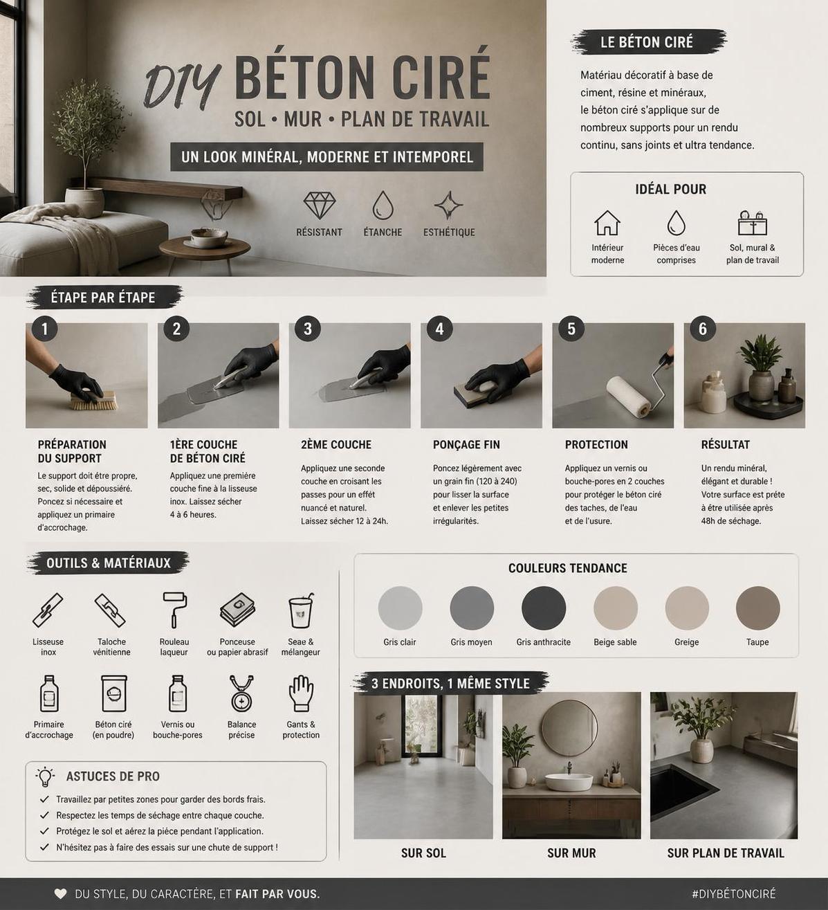 apprenez à appliquer du béton ciré vous-même sur sols, murs et plans de travail grâce à notre guide complet et facile à suivre.