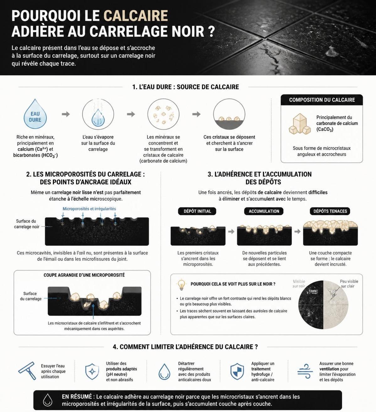 découvrez des astuces efficaces pour redonner tout son éclat à un carrelage noir terni par le calcaire et retrouver une surface propre et brillante.