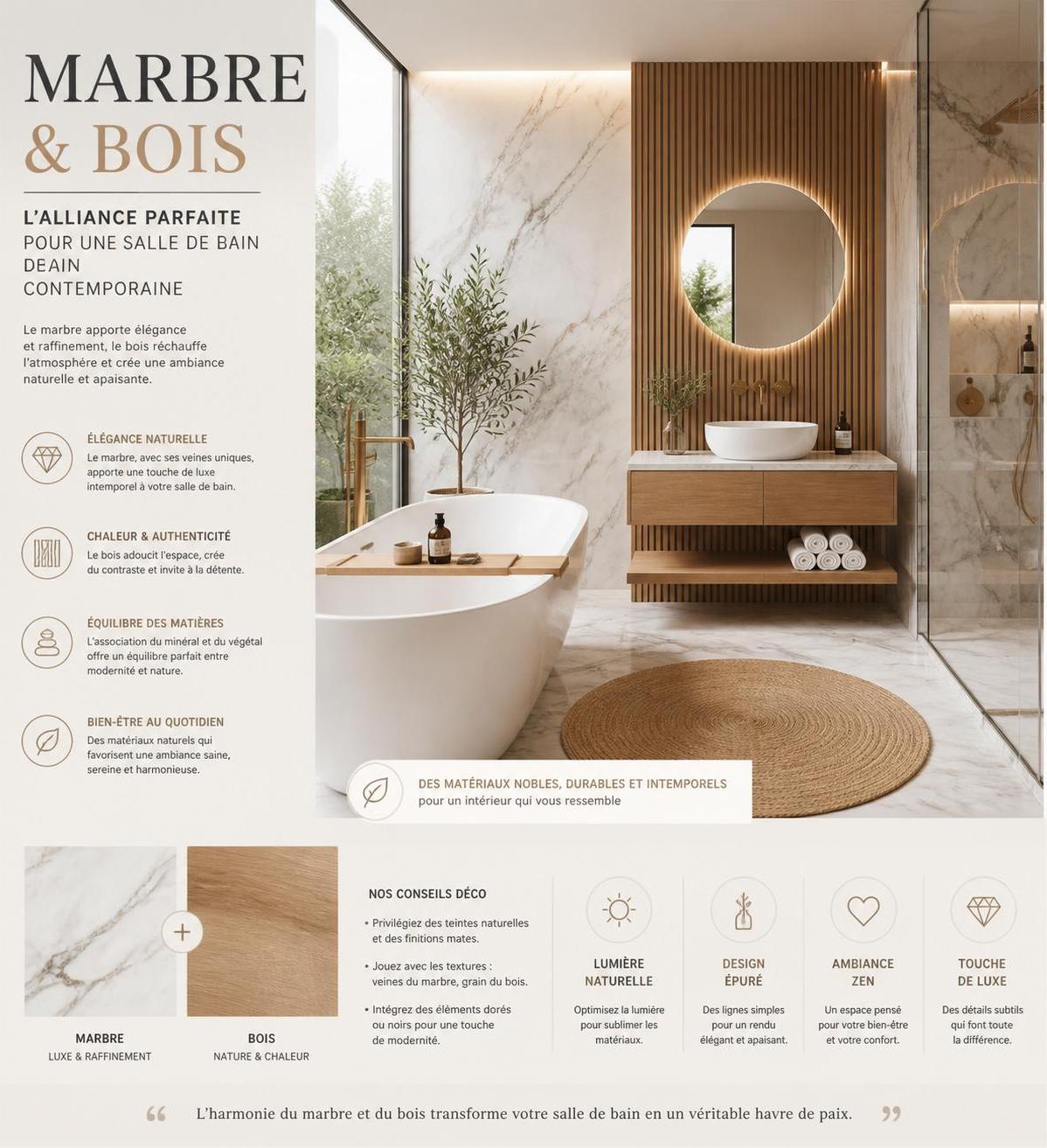 découvrez comment l'alliance élégante du marbre et du bois transforme votre salle de bain en un espace moderne et chaleureux, alliant design et naturel.