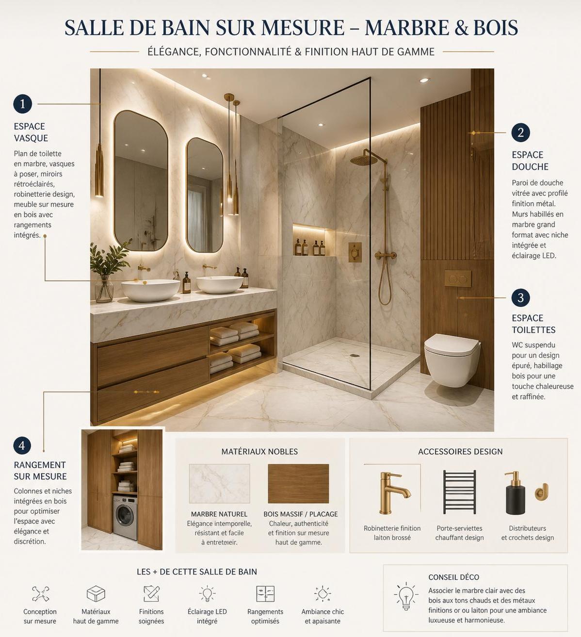 découvrez comment l'alliance élégante du marbre et du bois transforme votre salle de bain en un espace moderne et chaleureux.