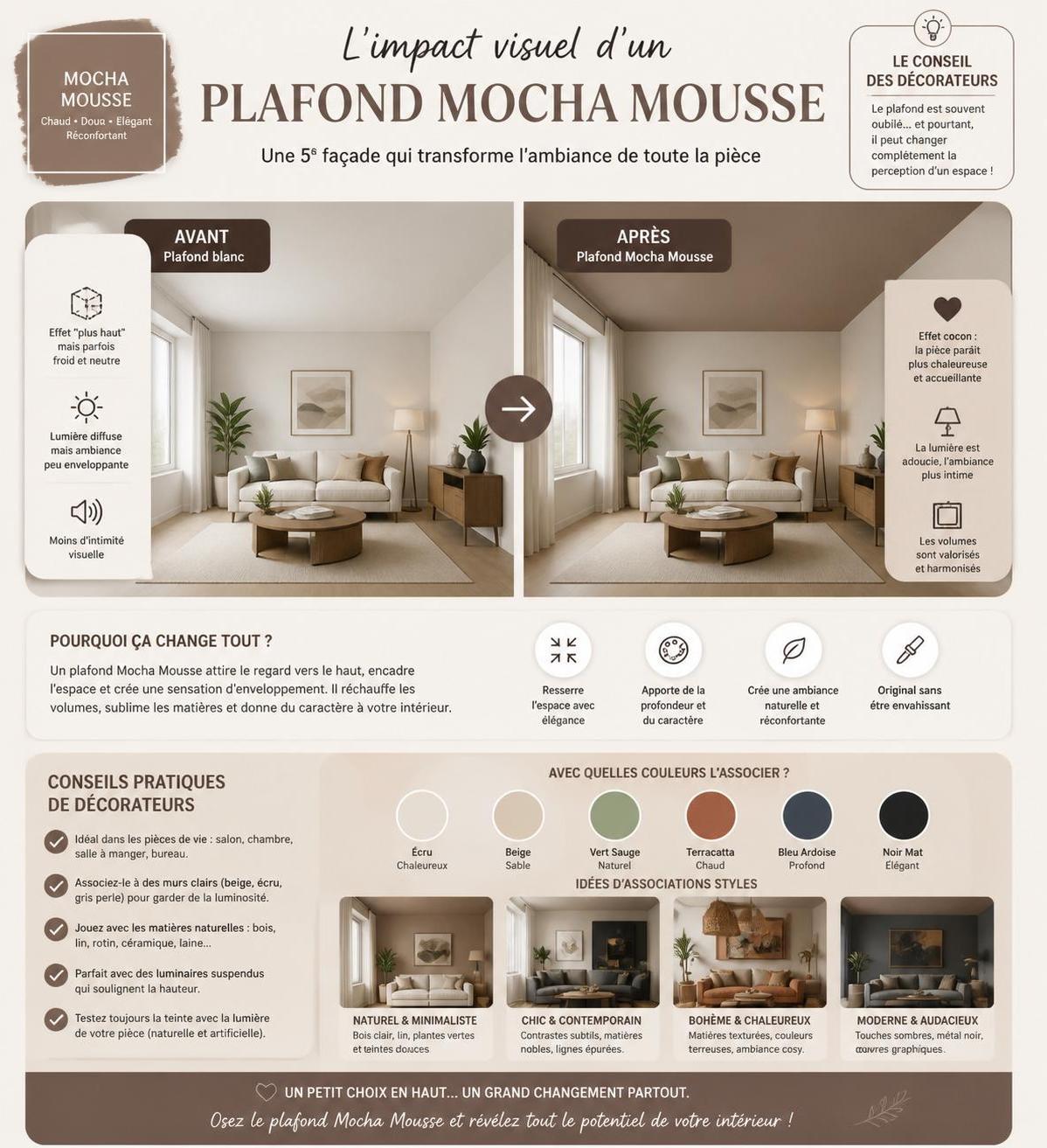 découvrez comment la mocha mousse au plafond transforme vos espaces en jouant avec les volumes pour une sensation d'ouverture et de grandeur. l'audace des décorateurs pour sublimer chaque pièce.