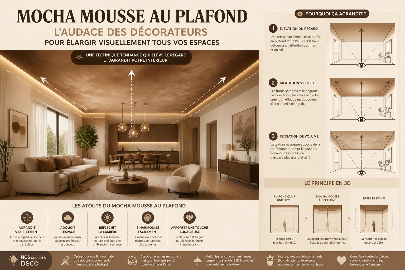 découvrez comment la mocha mousse au plafond transforme vos espaces en jouant avec les volumes et la lumière, révélant l'audace des décorateurs pour agrandir visuellement toutes vos pièces.