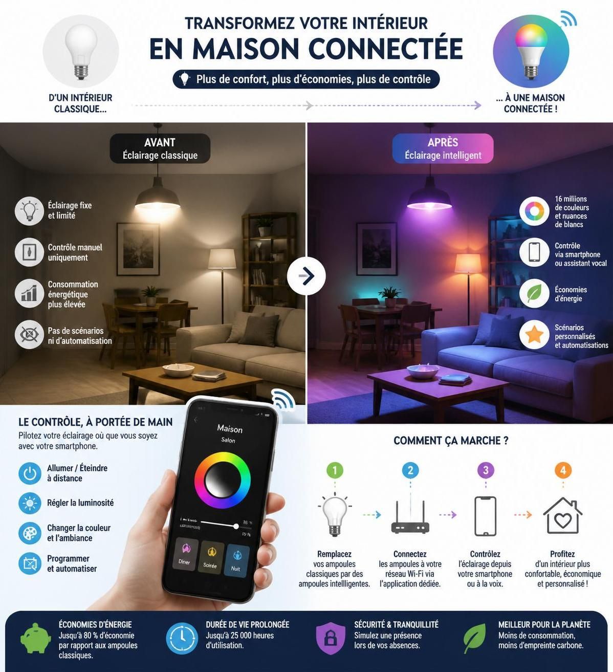 découvrez notre guide d'achat complet et facile pour choisir et installer votre ampoule connectée, parfait pour les débutants souhaitant domotiser leur maison.
