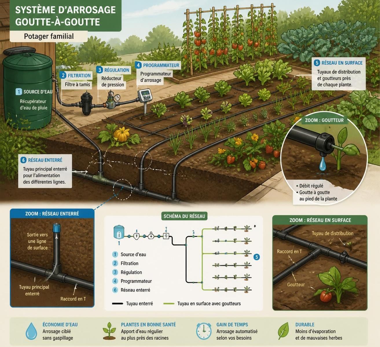 découvrez comment installer un système d'arrosage automatique goutte-à -goutte économique pour optimiser l'irrigation de votre jardin tout en réduisant la consommation d'eau.