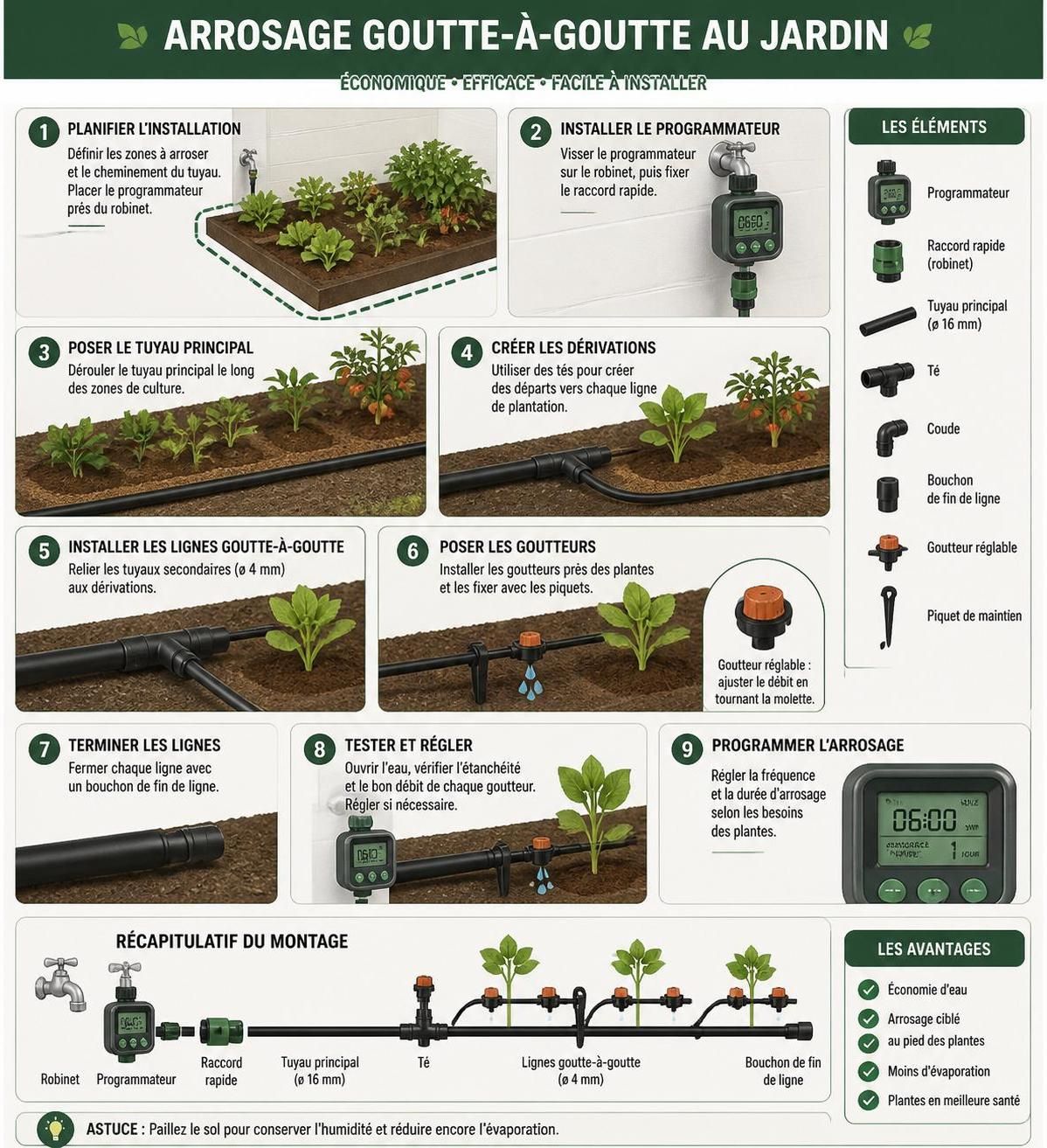 découvrez comment installer un système d'arrosage automatique goutte-à -goutte économique pour un jardin parfaitement arrosé tout en économisant de l'eau et du temps.