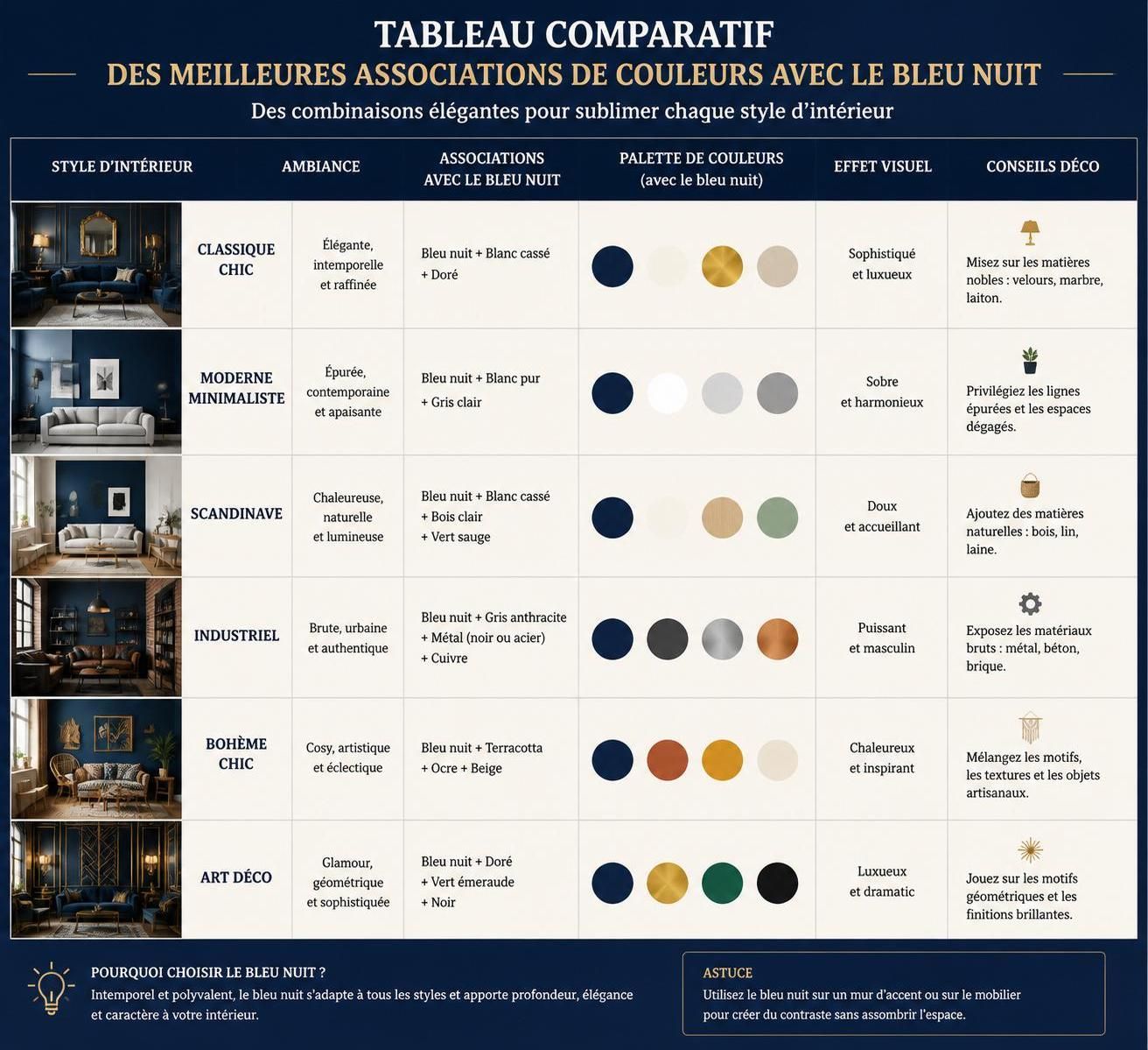 découvrez comment intégrer la couleur bleu nuit dans votre décoration intérieure avec des idées d'associations harmonieuses pour créer une ambiance élégante et apaisante.
