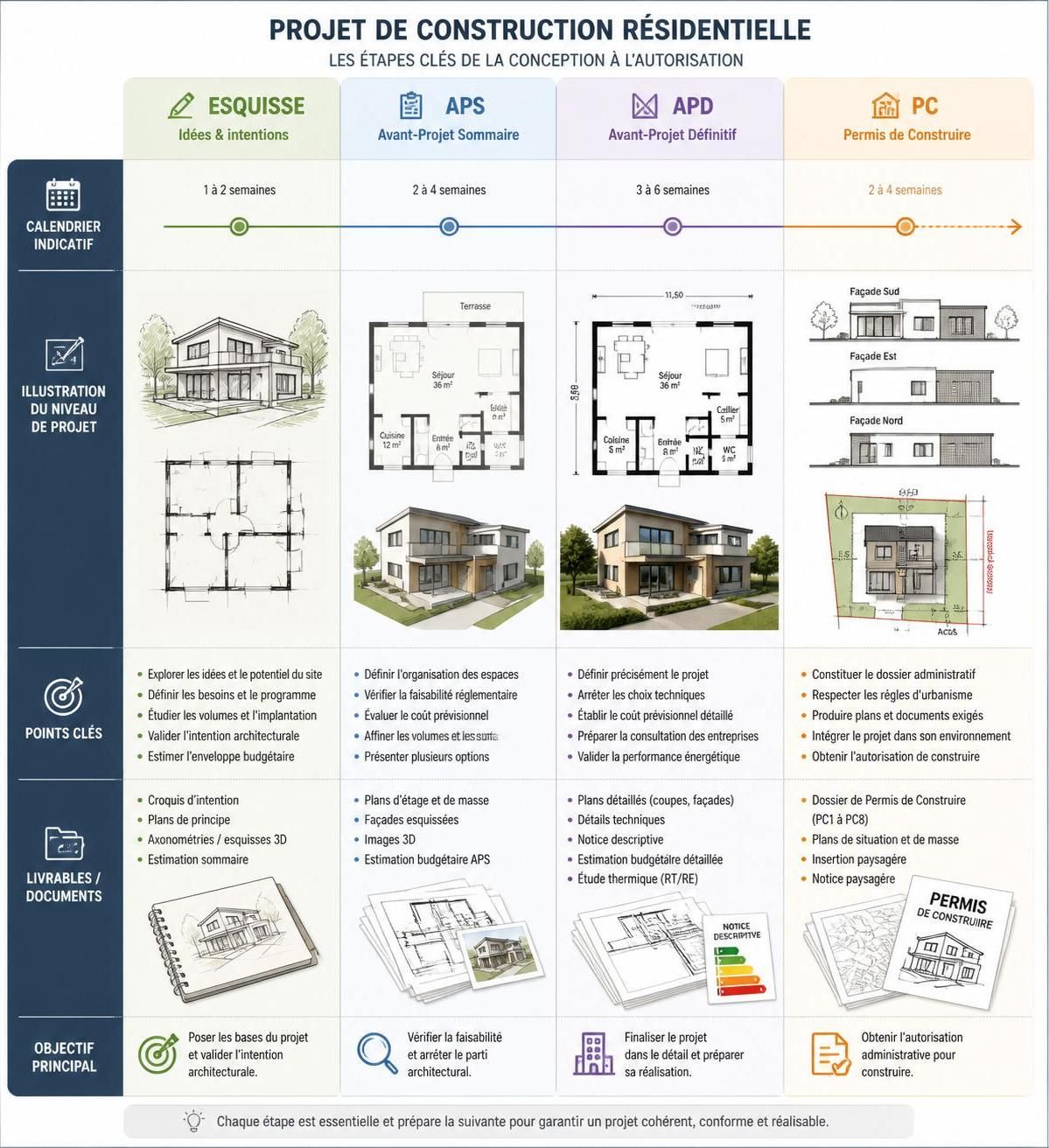 découvrez les étapes clés d'un projet de construction expliquées simplement : de l'esquisse à l'aps, apd, et au permis de construire (pc) pour mener à bien votre projet.