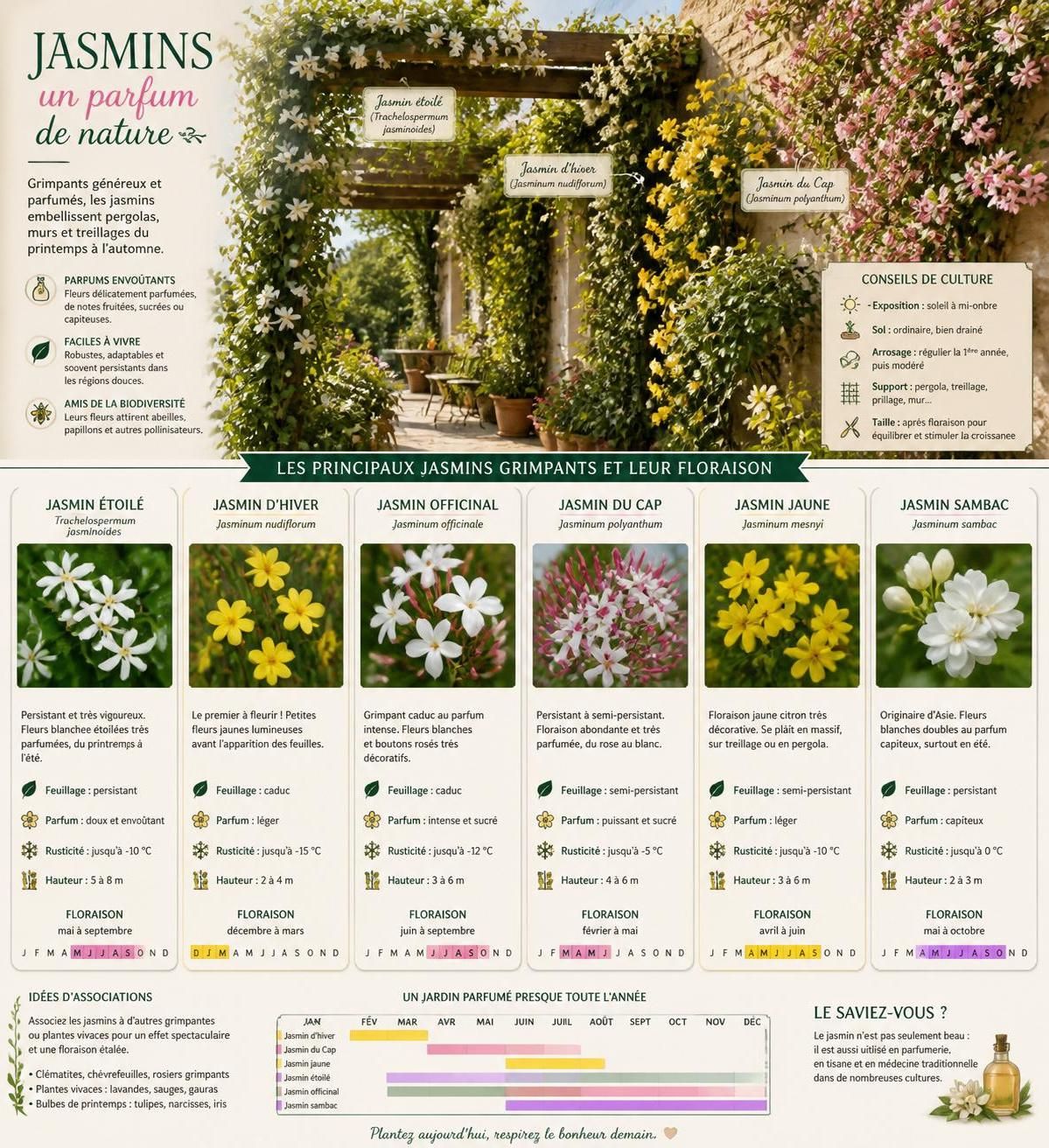 apprenez à cultiver le jasmin, cette plante grimpante au parfum envoûtant, pour embellir et parfumer votre jardin toute l'année.