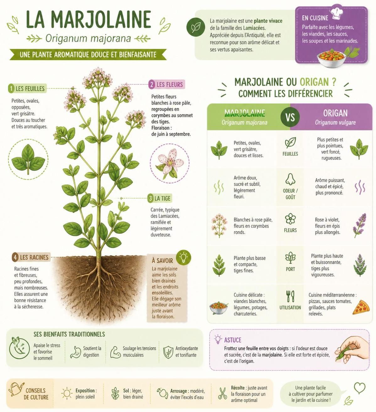 découvrez comment cultiver la marjolaine, une herbe aromatique aux multiples bienfaits, et apprenez à l'utiliser en cuisine pour sublimer vos plats ainsi qu'en santé pour ses vertus naturelles.