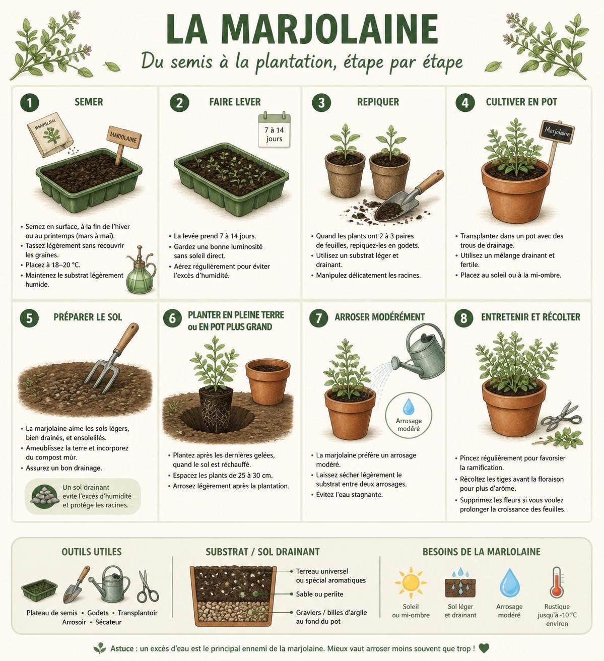 découvrez comment cultiver la marjolaine, cette herbe aromatique aux multiples bienfaits, et apprenez à l'utiliser en cuisine pour relever vos plats ainsi qu'en santé pour ses propriétés naturelles.
