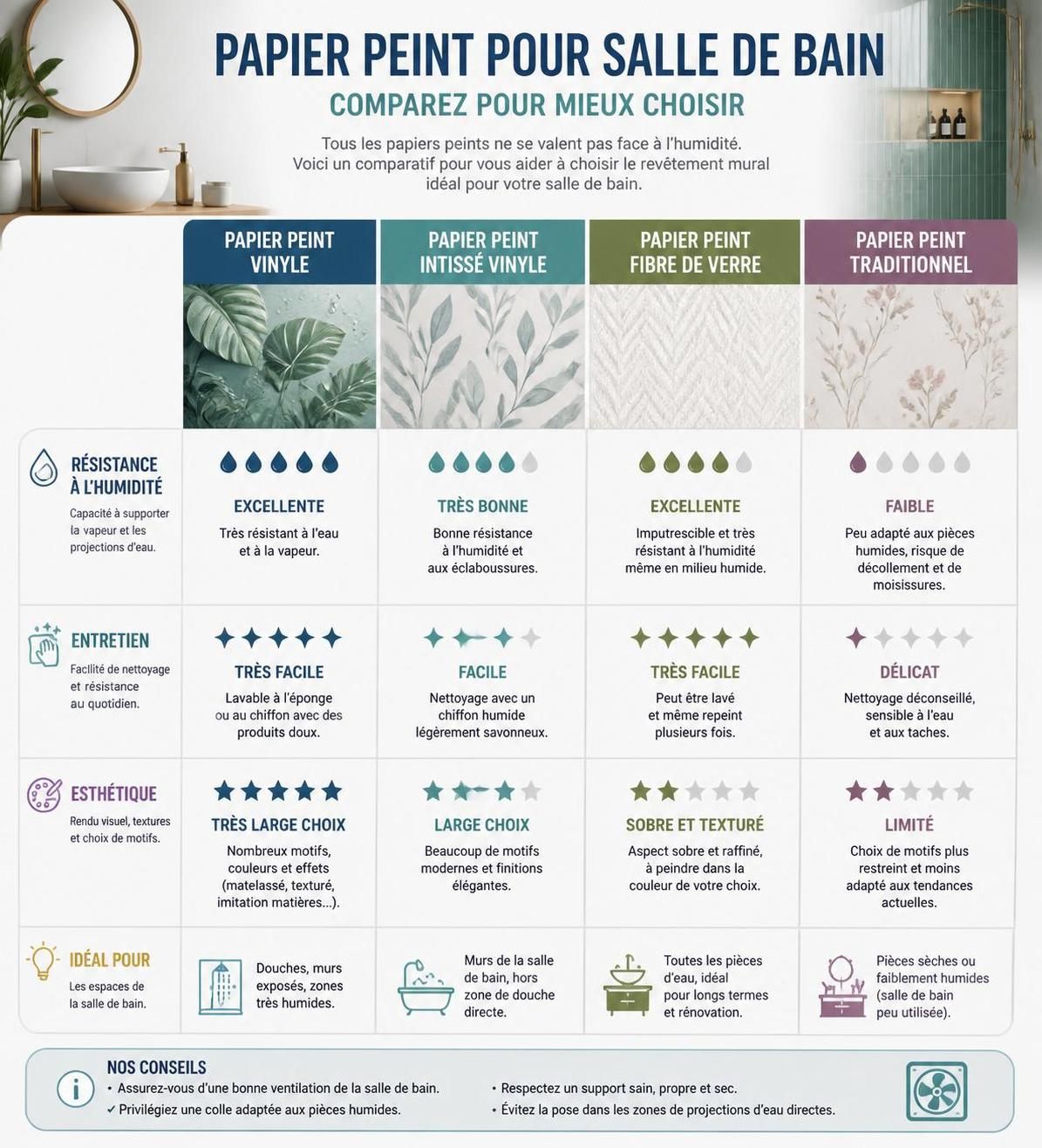 découvrez comment choisir un papier peint résistant pour votre salle de bain et apprenez à le poser facilement sans faire d'erreur grâce à nos conseils pratiques.