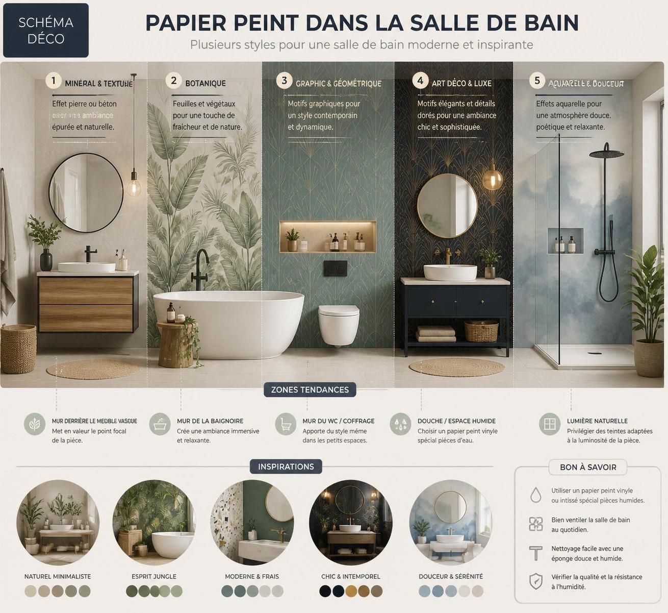 découvrez comment choisir un papier peint résistant pour votre salle de bain et apprenez à le poser sans faire d'erreur grâce à nos conseils pratiques.