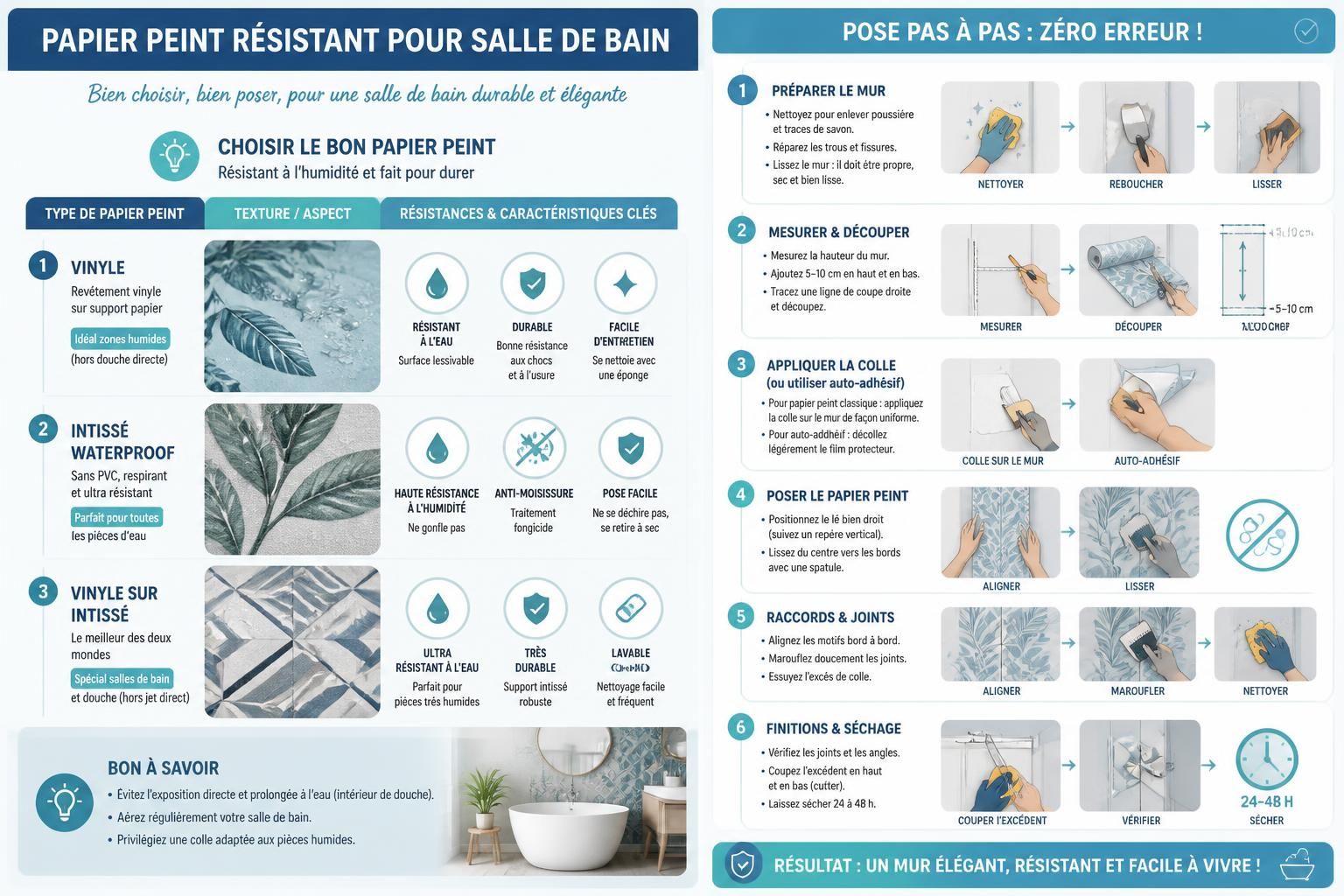 découvrez comment choisir un papier peint résistant pour votre salle de bain et suivez nos conseils pour le poser facilement sans commettre d'erreurs.