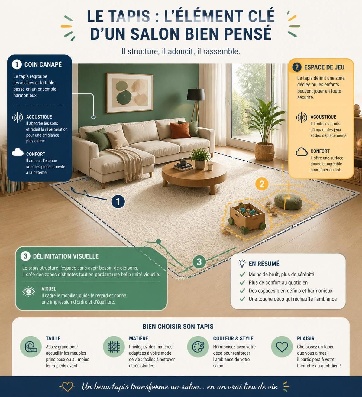 découvrez nos conseils pour choisir la taille, la matière et le motif parfaits de votre tapis de salon afin d'harmoniser votre décoration intérieure avec style.
