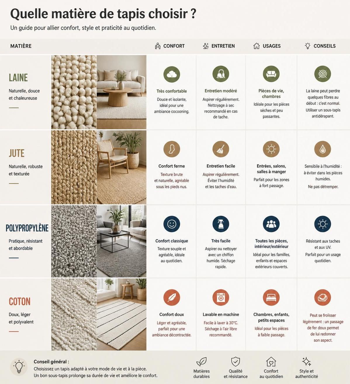 découvrez nos conseils pour bien choisir la taille, la matière et le motif de votre tapis de salon, afin d'harmoniser votre intérieur avec style et confort.
