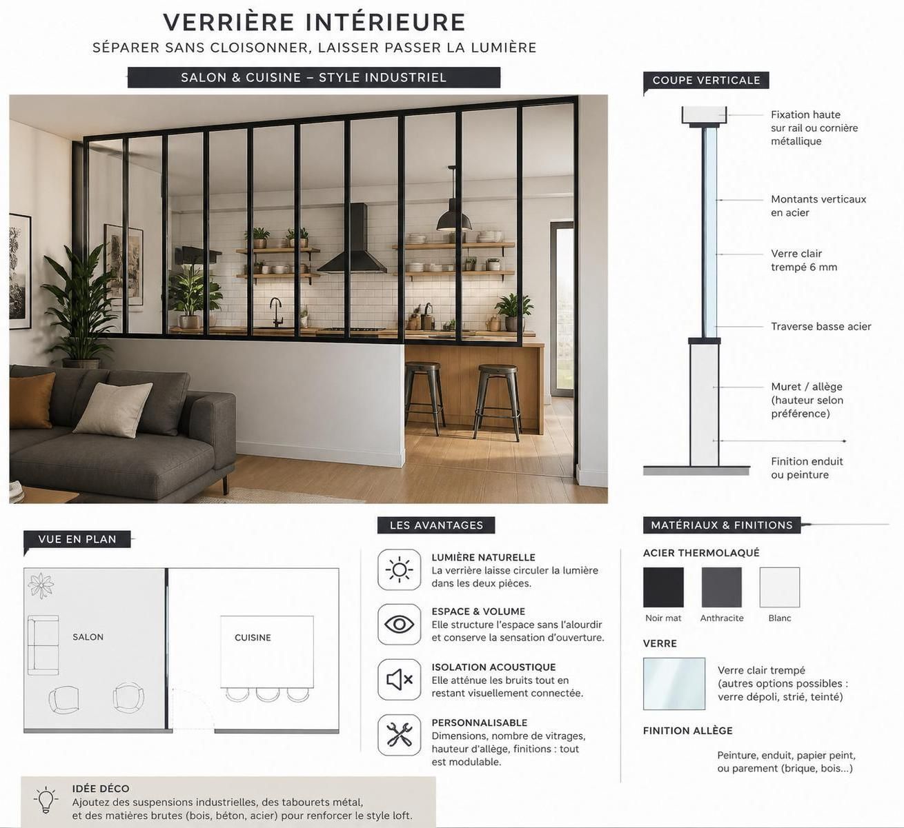 découvrez tout sur la verrière intérieure : prix, styles variés et conseils pour la pose afin de séparer élégamment vos espaces de vie.