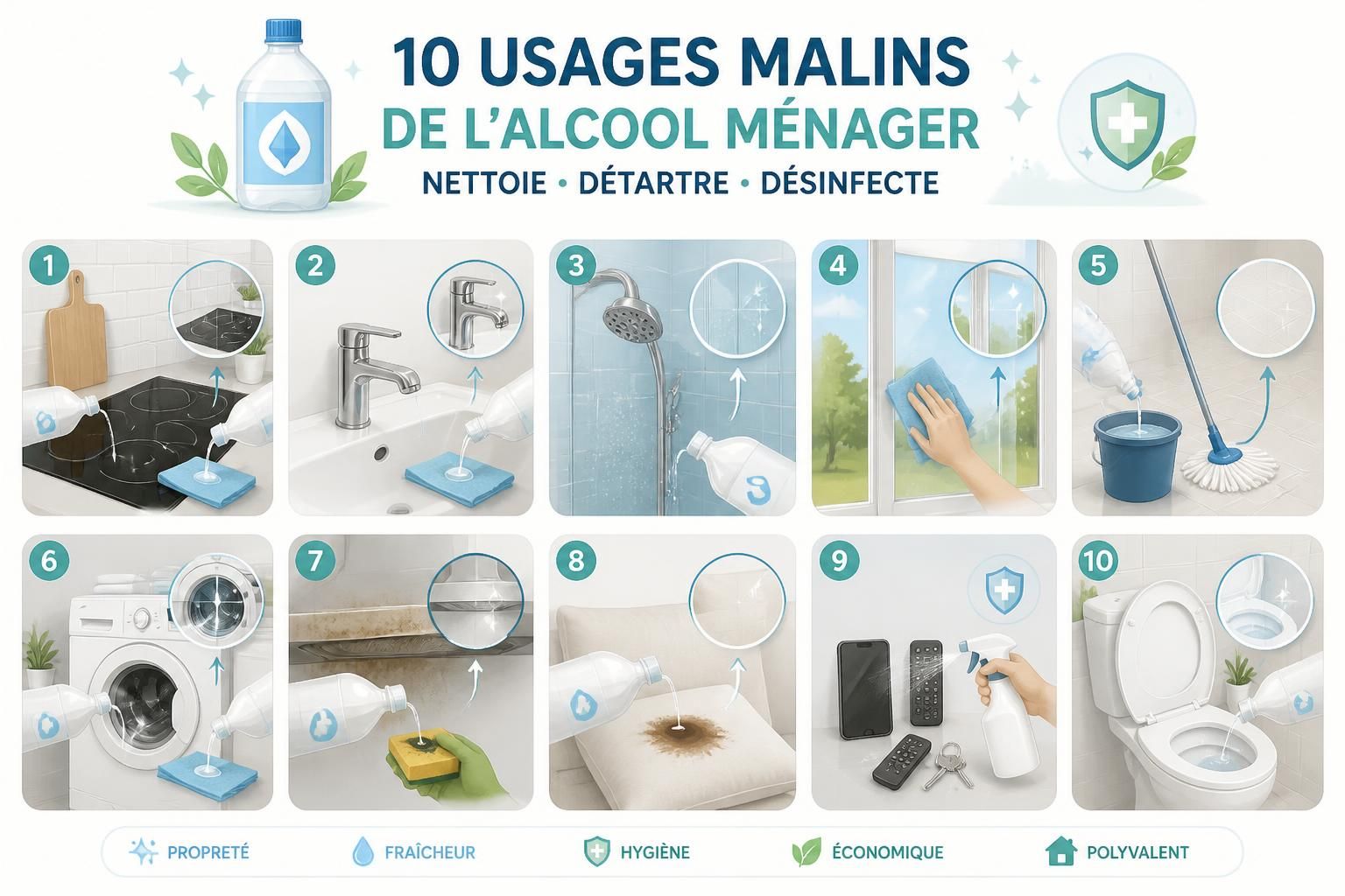 découvrez 10 astuces malines pour utiliser l'alcool ménager afin de nettoyer, détartrer et désinfecter efficacement toutes les surfaces de votre maison.