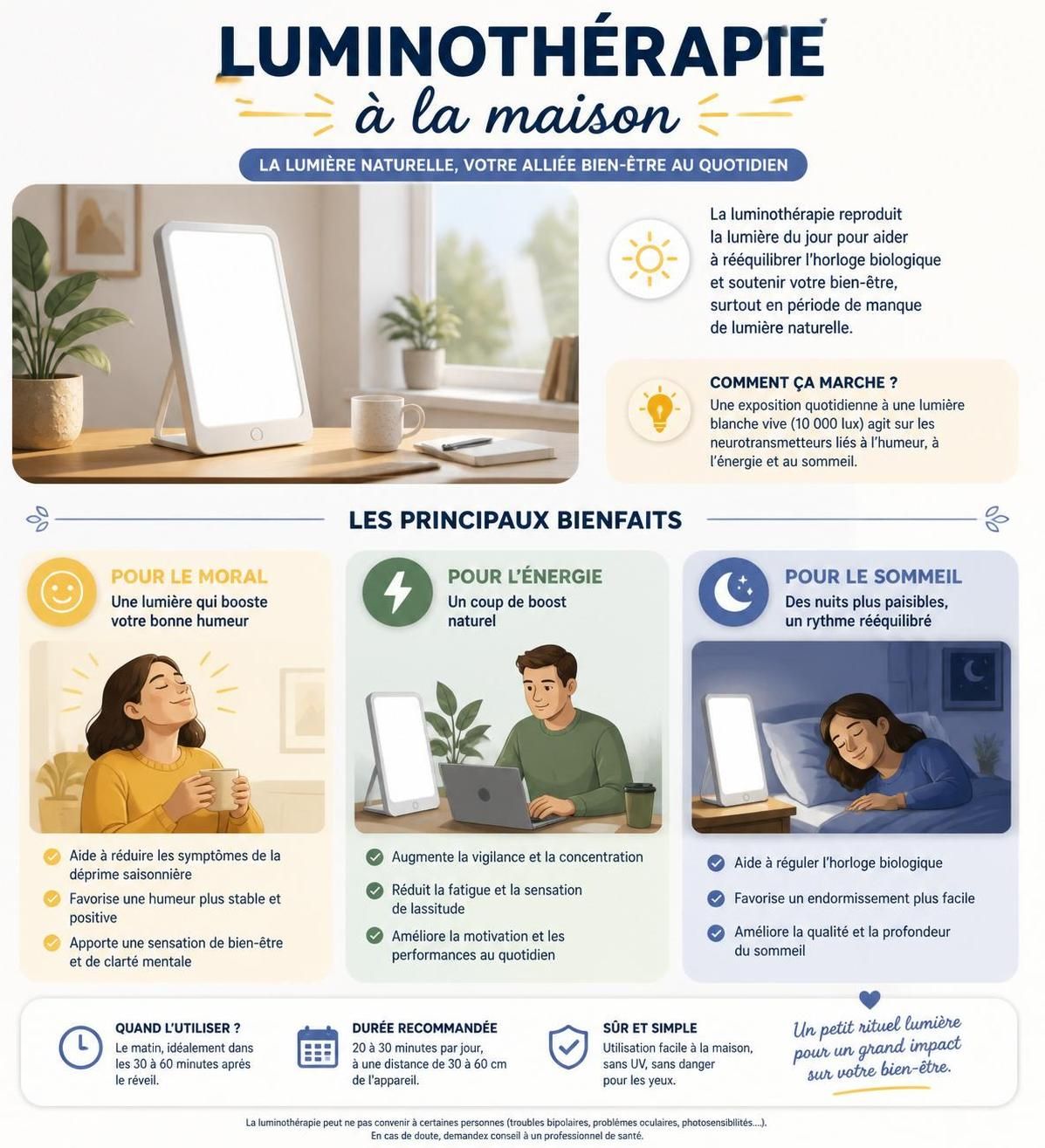 découvrez comment utiliser une lampe de luminothérapie à la maison et choisissez le modèle idéal pour améliorer votre bien-être grâce à nos conseils pratiques et comparatifs.