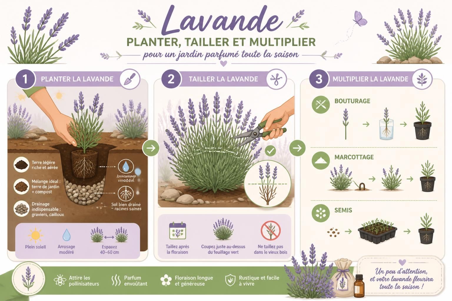 découvrez comment planter, tailler et multiplier la lavande pour un jardin parfumé tout au long de la saison. conseils pratiques pour entretenir cette plante méditerranéenne facile et odorante.