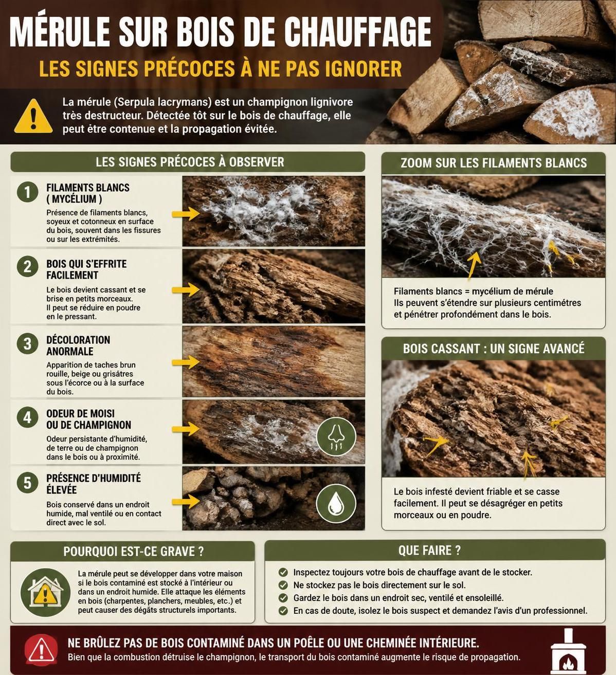 apprenez à reconnaître la mérule sur bois de chauffage, ce champignon destructeur, et découvrez les méthodes efficaces pour le traiter et protéger votre maison.