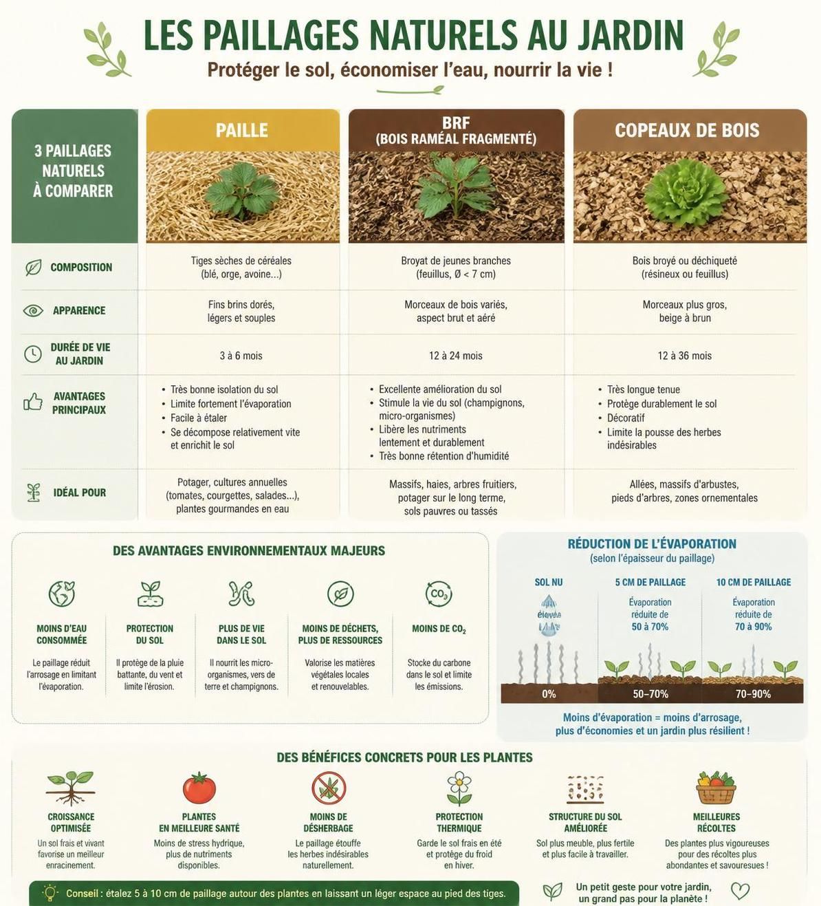 découvrez comment choisir le paillage naturel idéal pour votre jardin parmi la paille, le brf et les copeaux, et profitez d'un sol protégé et nourri tout au long de l'année.