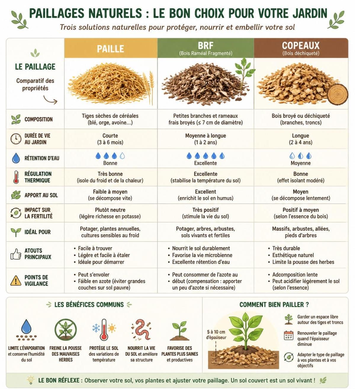 découvrez les avantages du paillage naturel avec la paille, le brf ou les copeaux, et apprenez à choisir le meilleur mulch pour protéger et nourrir votre jardin efficacement.