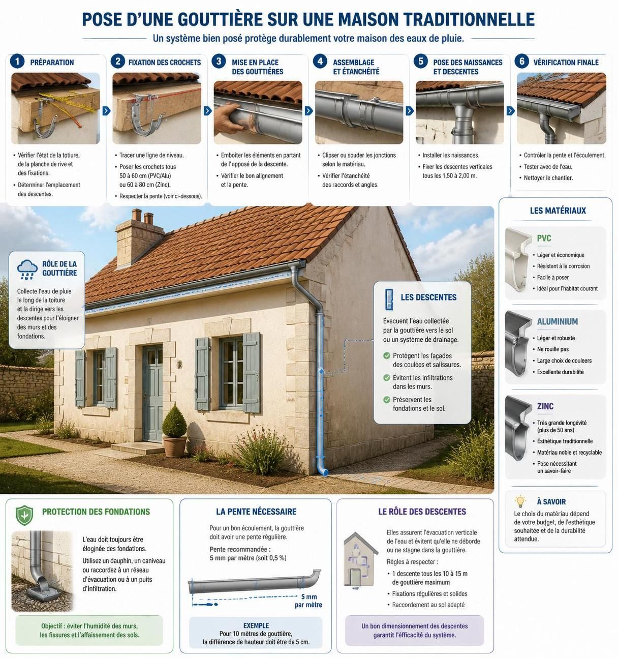 découvrez comment poser une gouttière soi-même grâce à notre guide complet : choix des matériaux, étapes détaillées et estimation du coût d'installation pour un résultat efficace et durable.