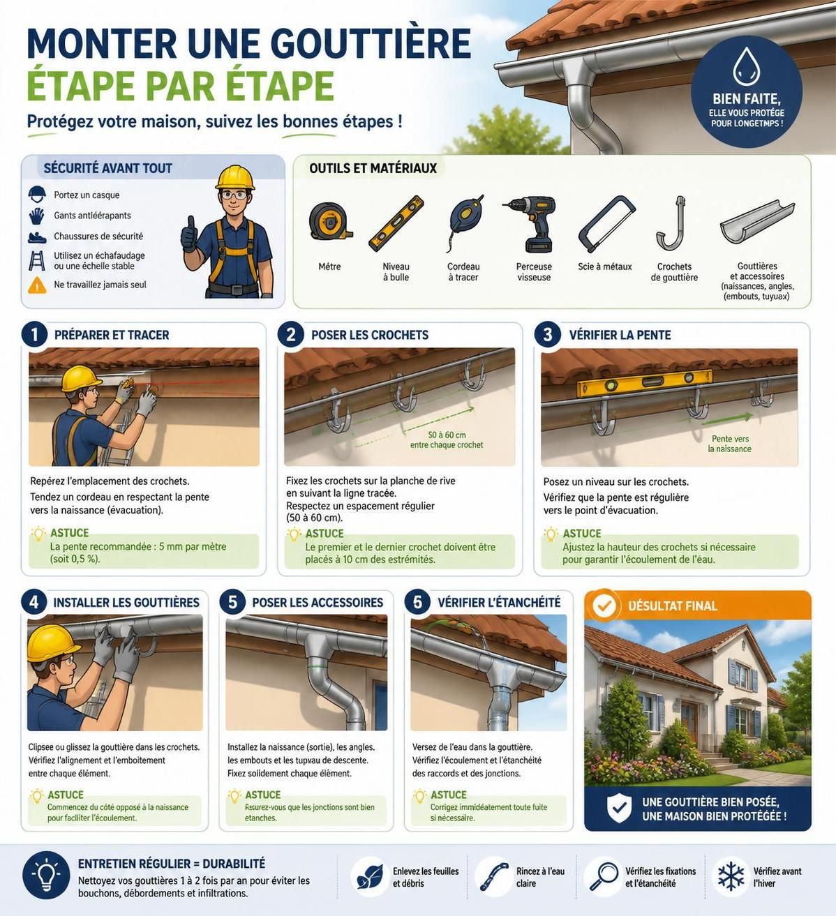 apprenez à poser une gouttière vous-même avec notre guide complet : découvrez les matériaux nécessaires, les étapes clés à suivre et le coût estimatif de l'installation pour réussir votre projet.