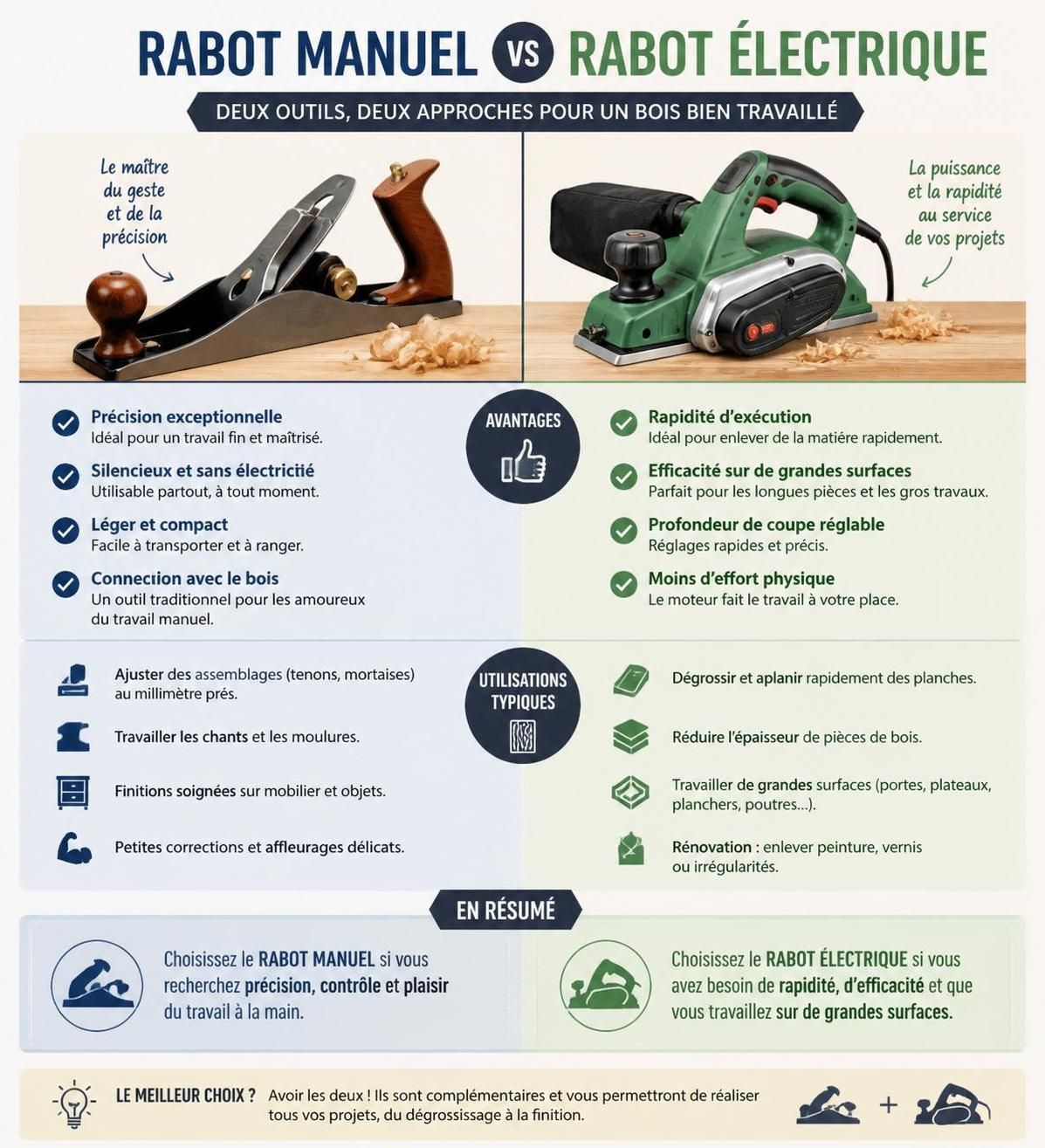 découvrez comment choisir entre un rabot électrique ou manuel et apprenez à les utiliser efficacement pour tous vos projets de bricolage.
