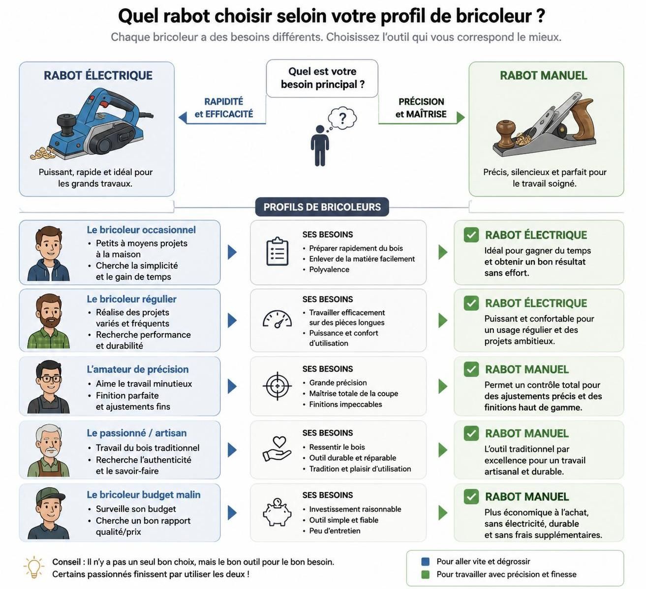 découvrez comment choisir entre un rabot électrique et un rabot manuel, et apprenez à les utiliser efficacement pour vos projets de bricolage.