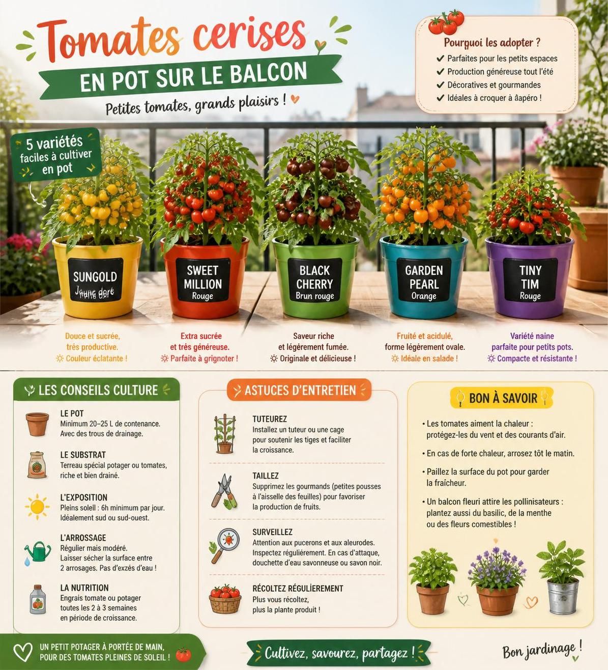 apprenez à cultiver, arroser et récolter vos tomates cerises en pot facilement sur votre balcon ou terrasse pour savourer des fruits frais et gourmands toute la saison.