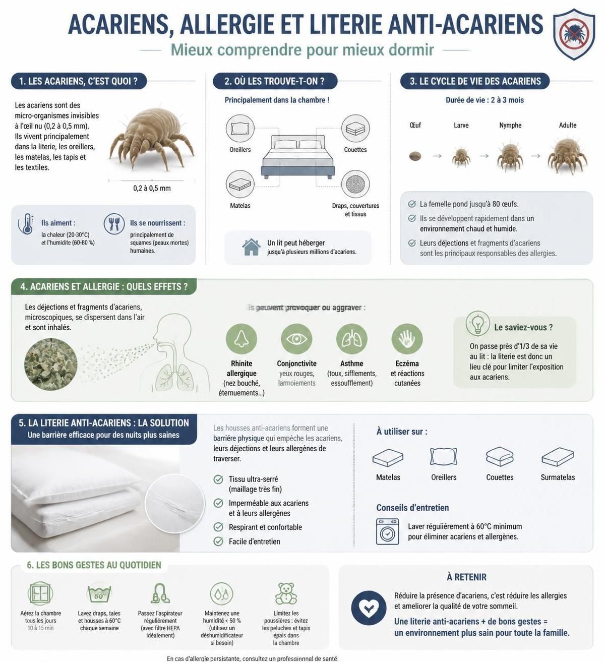 découvrez tout ce qu'il faut savoir sur les literies anti-acariens : housses de matelas, oreillers et couettes pour un sommeil sain et sans allergènes.